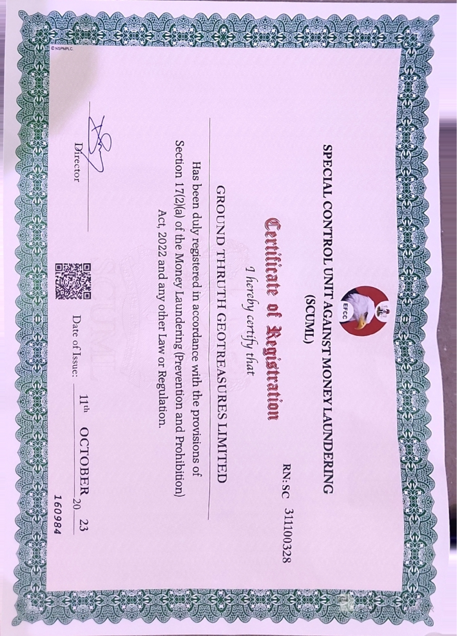 SCUML certificate